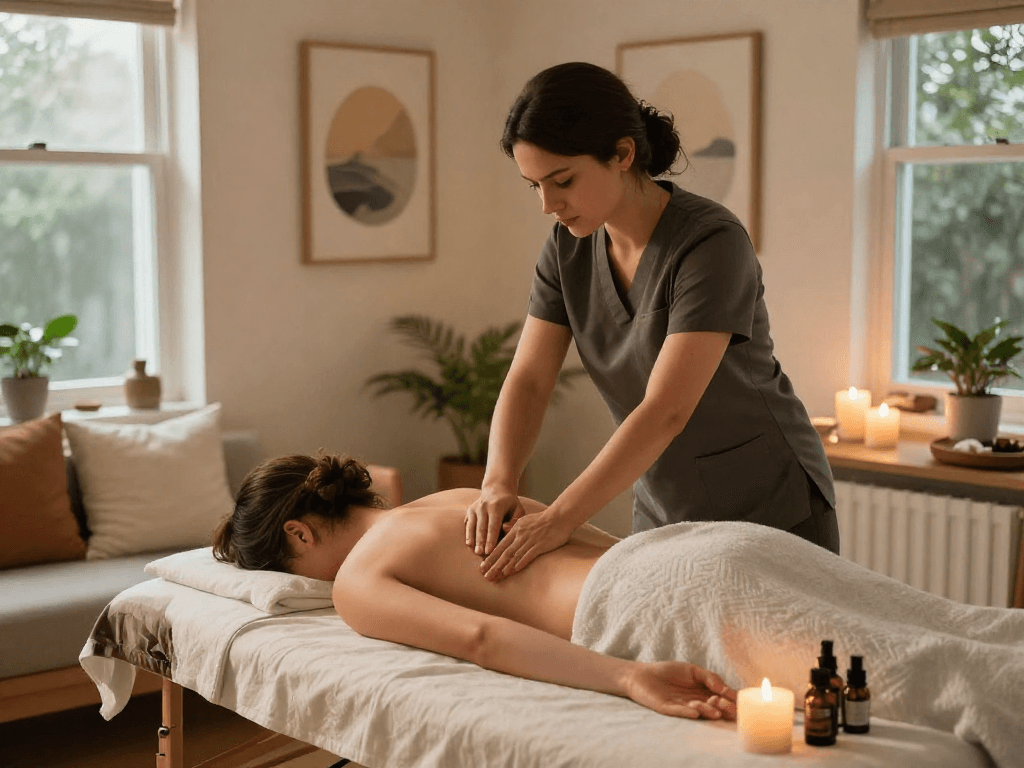 종로출장마사지 scene with a professional therapist providing a calming Swedish massage in a cozy apartment setting.