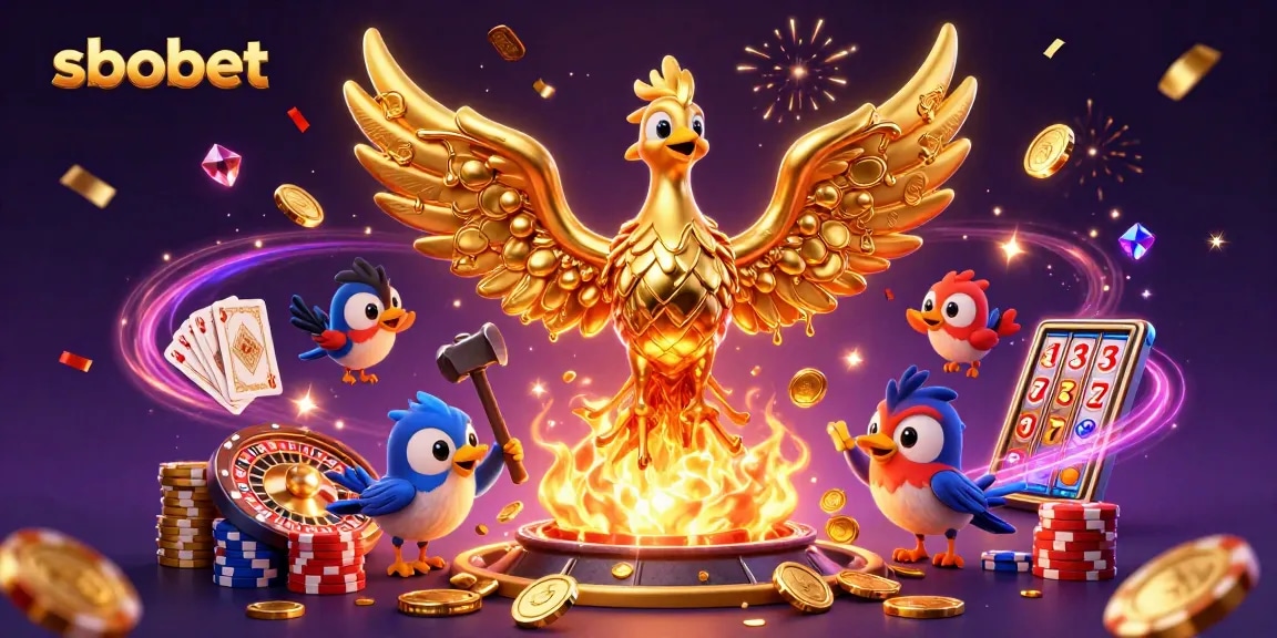 Experience sbobet with a vibrant 3D scene featuring a gold phoenix and dynamic gambling elements.