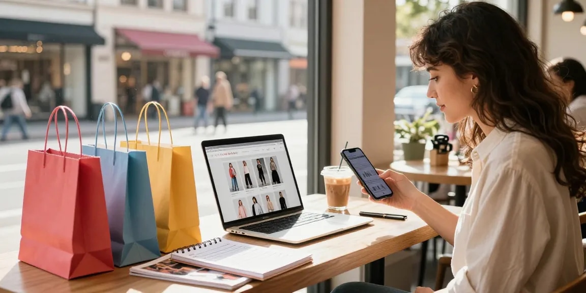 Stylish woman browsing https://www.sukan8a.com/ in a café with shopping bags and laptop.