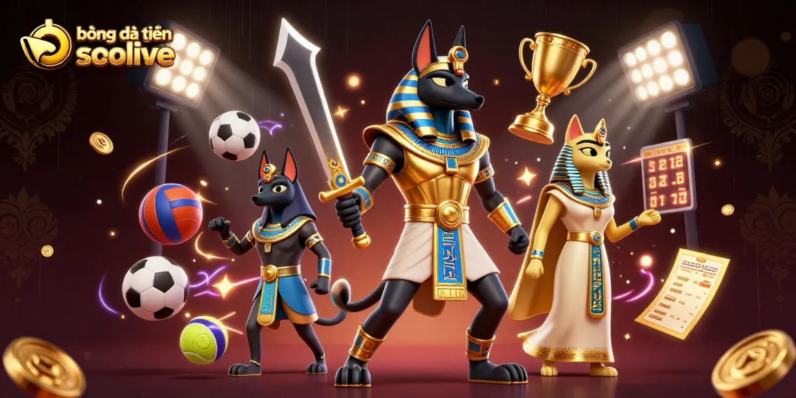 Engage in bóng đá trực tuyến socolive with Anubis and Bastet in a vibrant, dynamic scene.