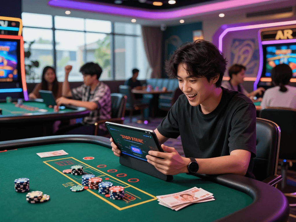 Engaged player experiencing the thrill of e28 online casino gaming with vibrant ambiance.