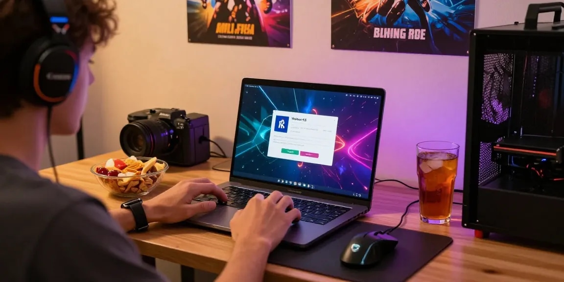 Engaging scene of Winbox login H5 on a laptop at a cozy gaming setup with snacks and drinks.