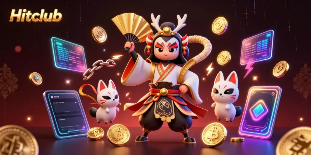 Engage with Hitclub's vibrant casino world featuring kabuki warriors and crypto elements.