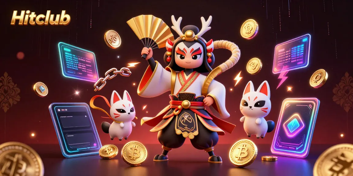 Engage with Hitclub's vibrant casino world featuring kabuki warriors and crypto elements.