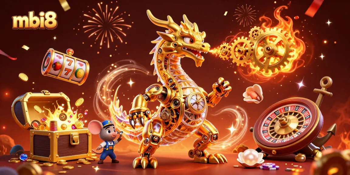Spin with mbi8 in this vibrant 3D casino scene featuring golden dragon, slot reels, and festive decorations.