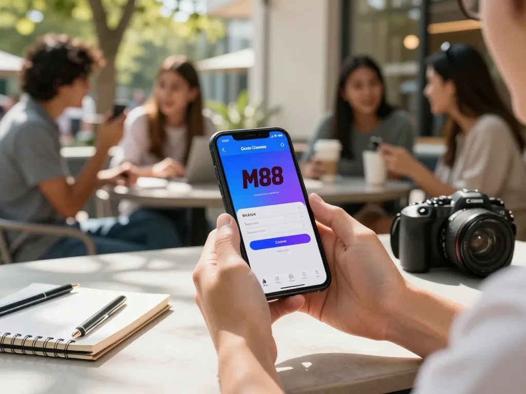 M88 login mobile displayed on a smartphone in an outdoor cafe, showcasing a casual gaming moment.