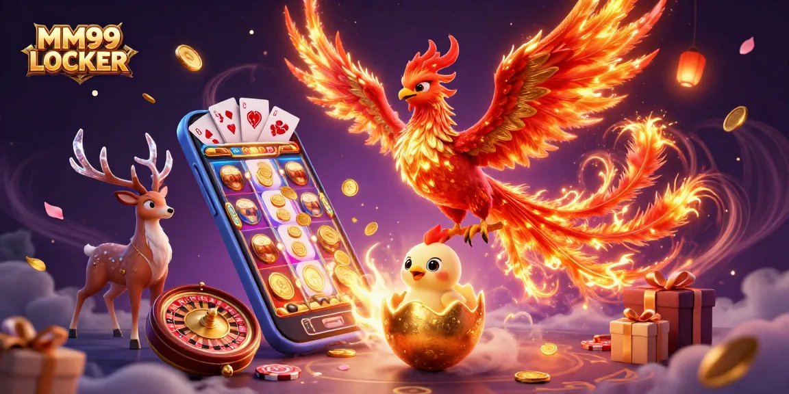 Engage in thrilling gameplay and bonuses with MM99 LOCKER's vibrant 3D casino scene full of slots and action.