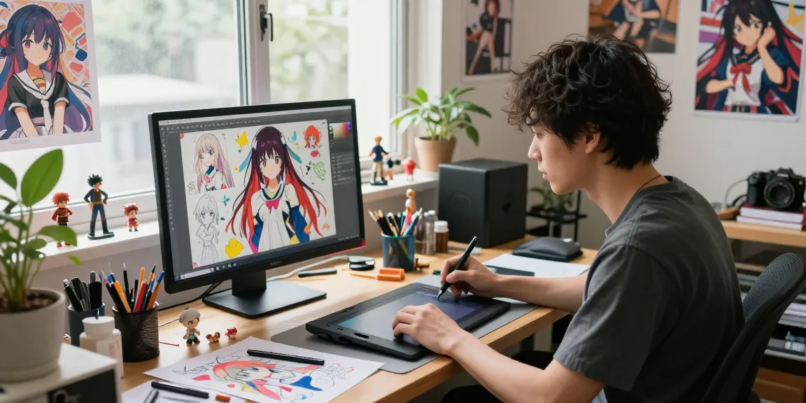 Unique AI ecchi character designs being created in a vibrant digital art studio.