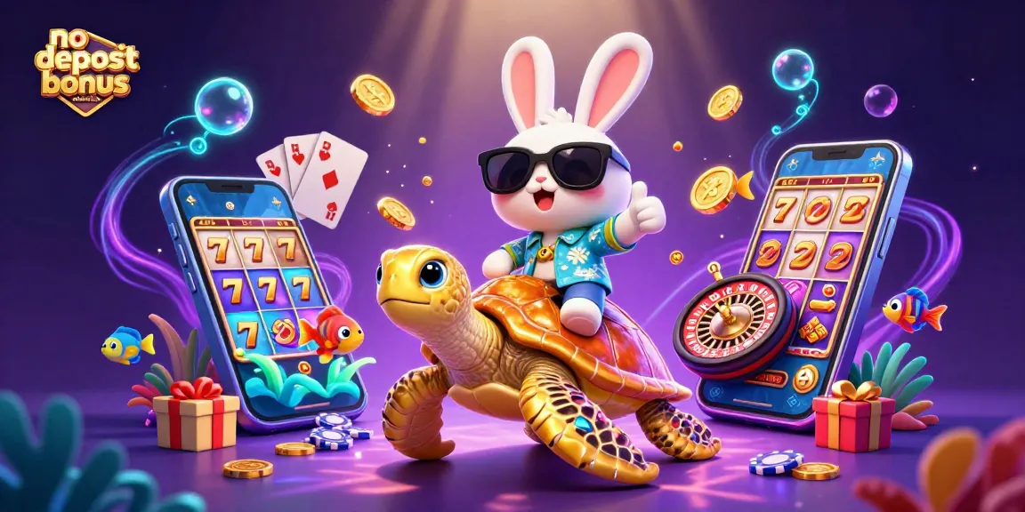 No deposit bonus Australia highlighted with a lucky rabbit and sea turtle amid colorful slot game elements.