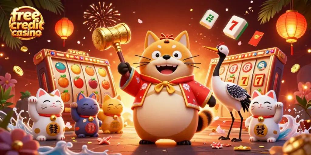 Experience the allure of the free credit casino with a cheerful tanuki, lucky symbols, and festive elements.