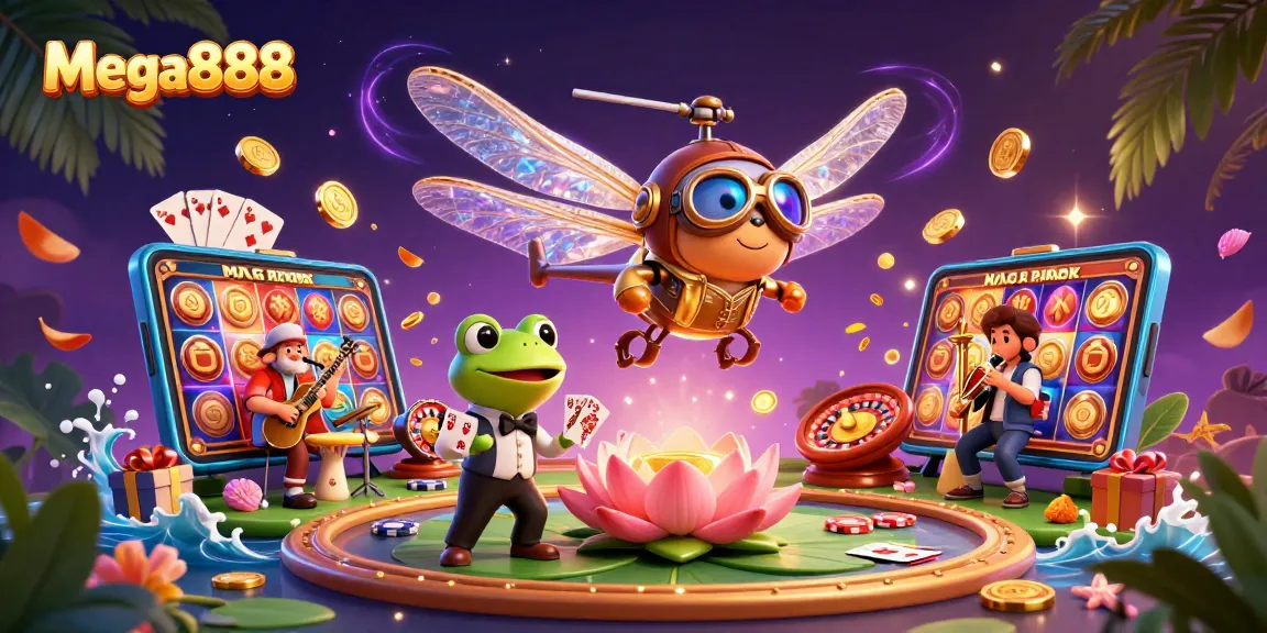 Experience thrilling Mega888 games in a vibrant 3D casino illustration featuring whimsical characters and captivating action.