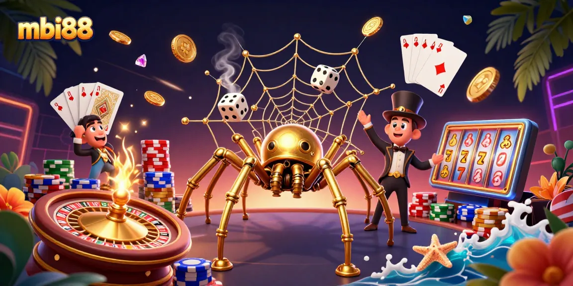 Join the thrilling action of mbi88 as a steampunk spider entangles lucky dice in a vibrant casino.