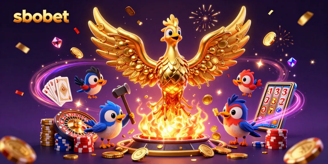 Experience sbobet with a vibrant 3D scene featuring a gold phoenix and dynamic gambling elements.