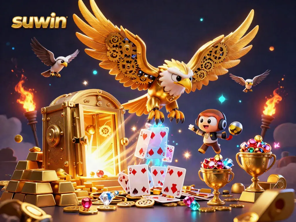 Experience the thrill of suwin casino gaming with dynamic golden elements and vibrant 3D illustrations.