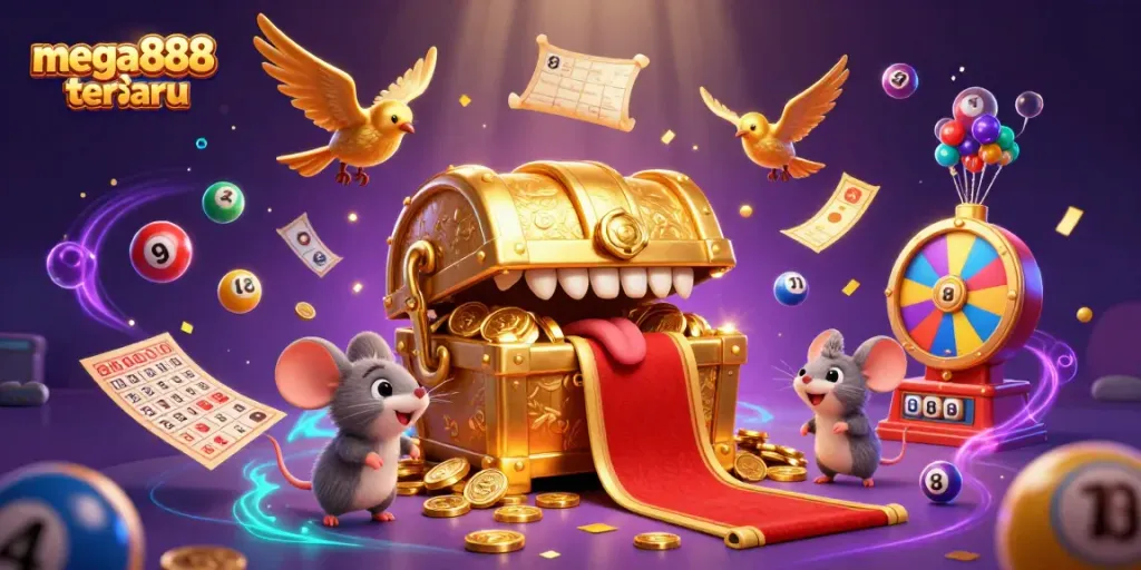 Experience mega888 terbaru with vibrant casino elements and a dynamic 3D scene full of excitement.