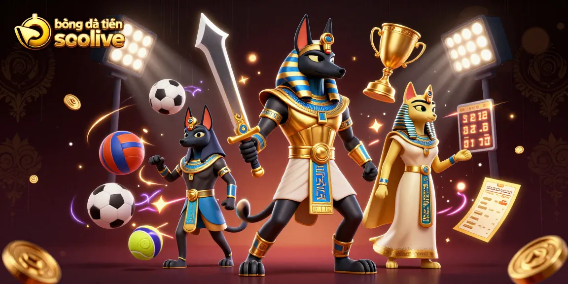 Engage in bóng đá trực tuyến socolive with Anubis and Bastet in a vibrant, dynamic scene.