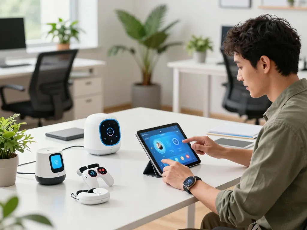Showcasing smart tech gadgets including Bluetooth devices and fitness trackers in a modern workspace.