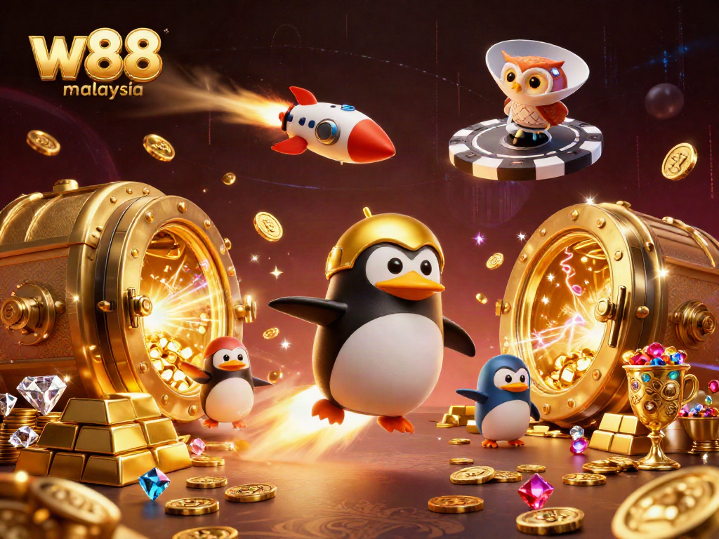 Experience vibrant gaming action with w88 malaysia featuring a golden penguin and casino-themed treasures.