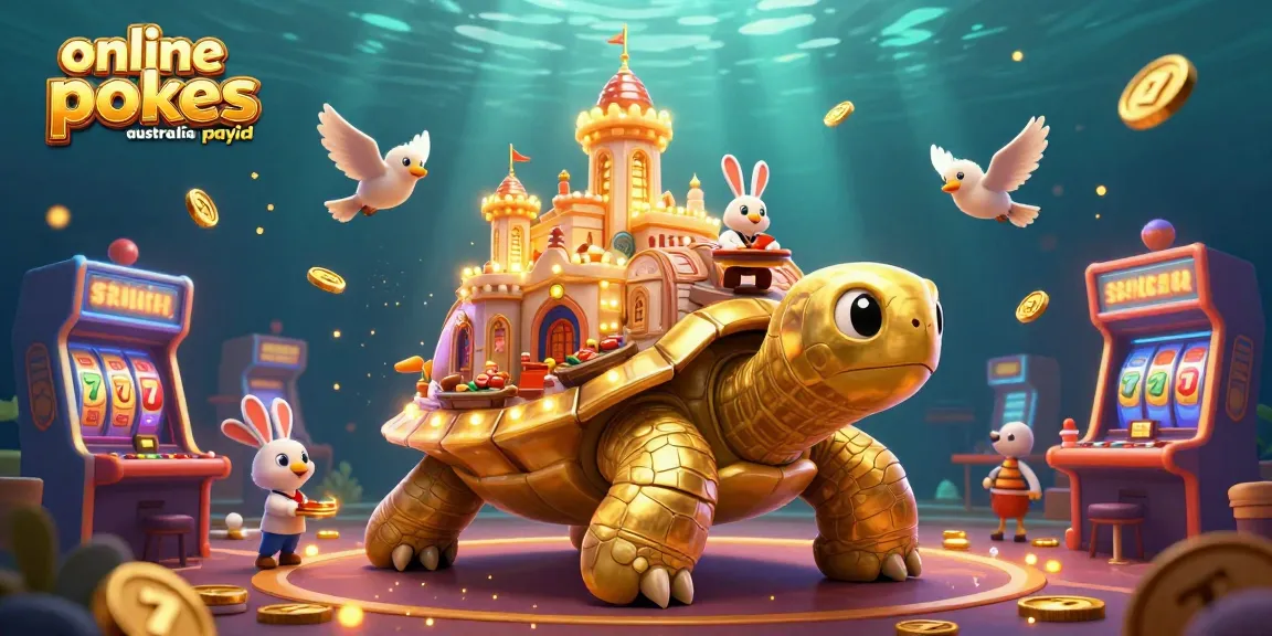Play online pokies Australia PayID at a vibrant casino scene featuring golden tortoise, rabbit dealer, and coins.