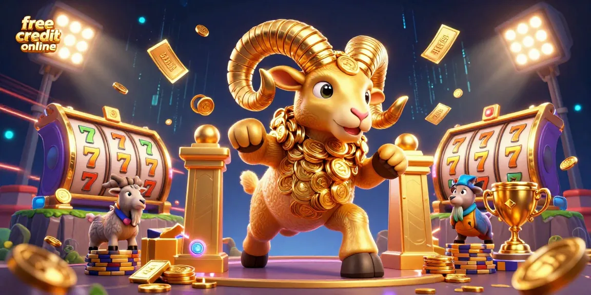 Experience thrilling free credit online gaming action with a dynamic golden ram charging through a casino.