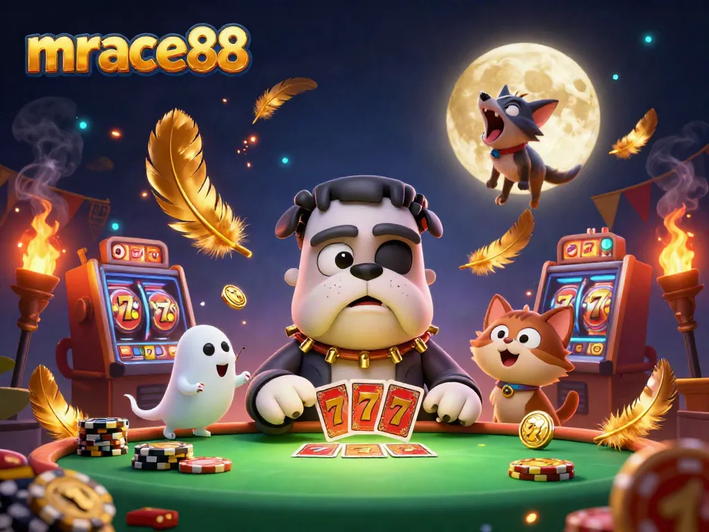 Engage with mrace88's thrilling casino atmosphere, featuring a Frankenstein bulldog dealing cards.