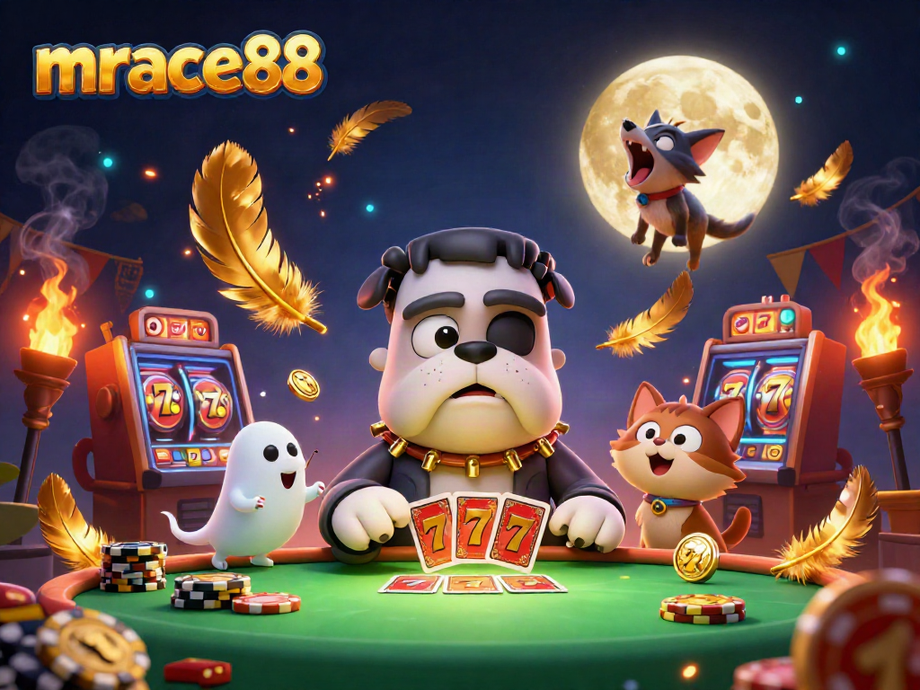 Engage with mrace88's thrilling casino atmosphere, featuring a Frankenstein bulldog dealing cards.