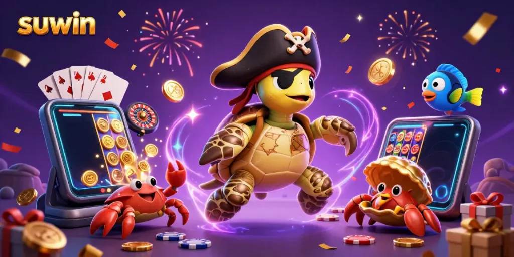 Experience the excitement of suwin as pirate turtle, hermit crab, and parrotfish celebrate over a slot jackpot scene.