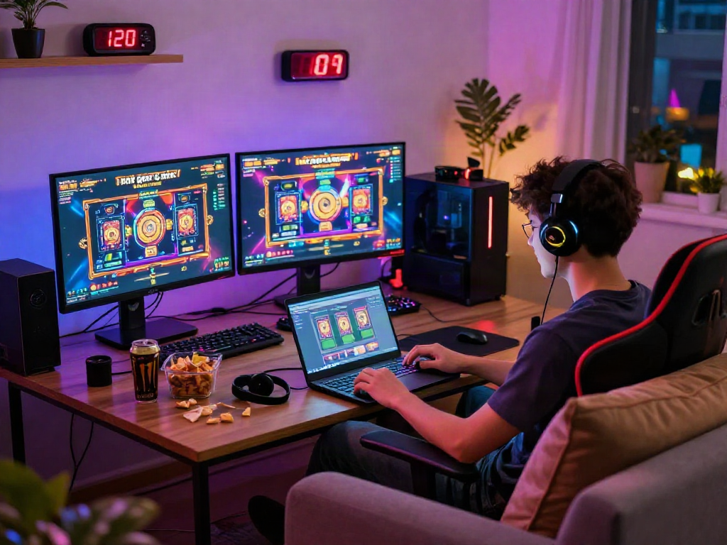 Engaging online gaming setup showcasing "slot gacor malam ini" in a cozy living room atmosphere.