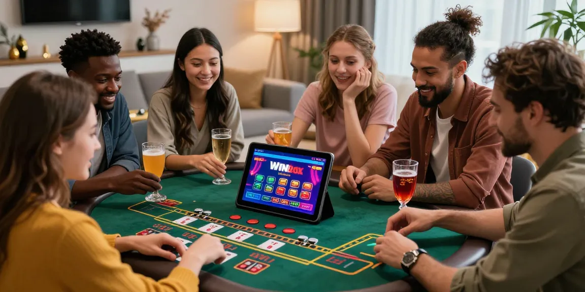 Group of friends enjoying Winbox Official live casino games in a cozy setting, showcasing excitement and engagement.