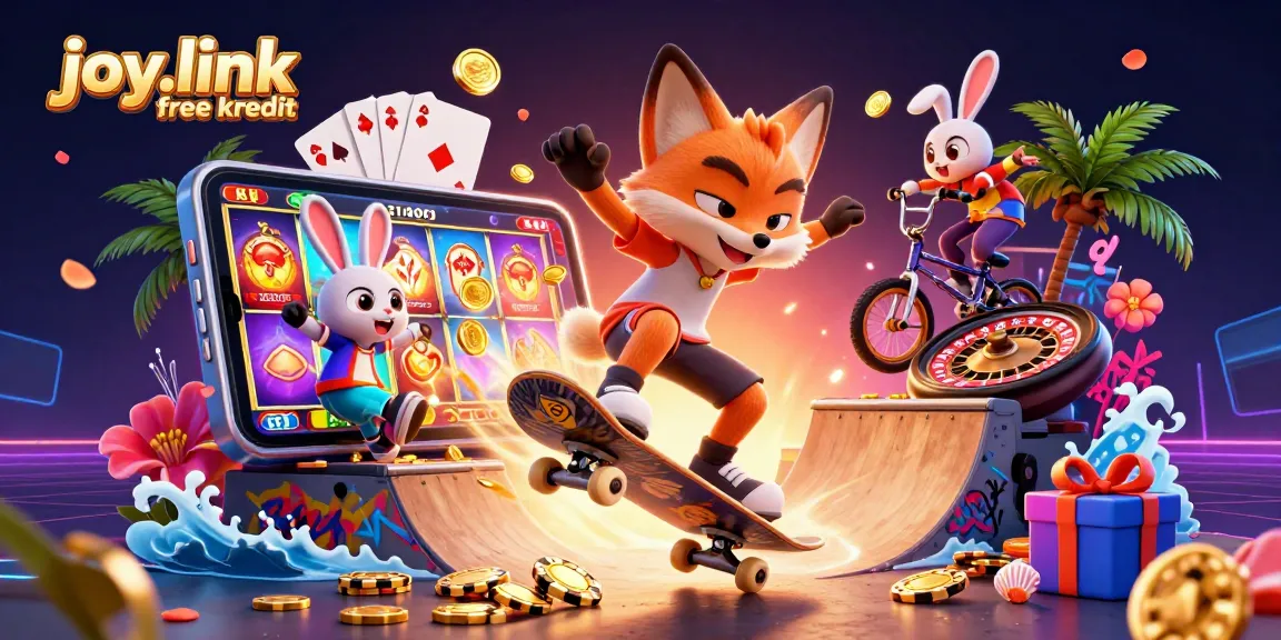Experience thrilling gameplay with joy.link free kredit while a fox performs tricks on poker chip ramps, surrounded by vibrant slots.