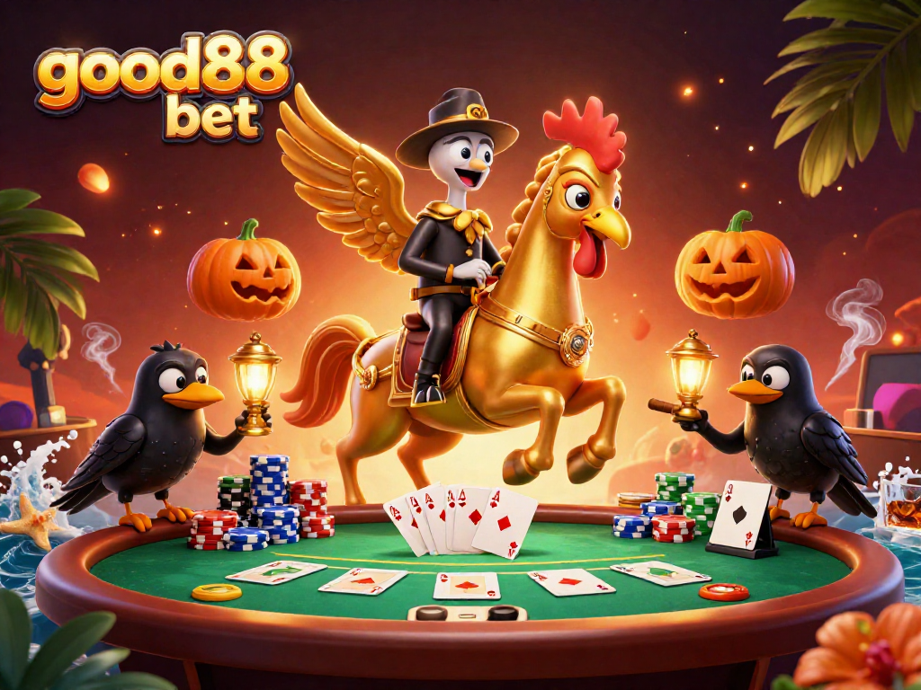 Experience thrilling adventures at good88 bet where the golden rooster and friends enjoy a night at the casino.