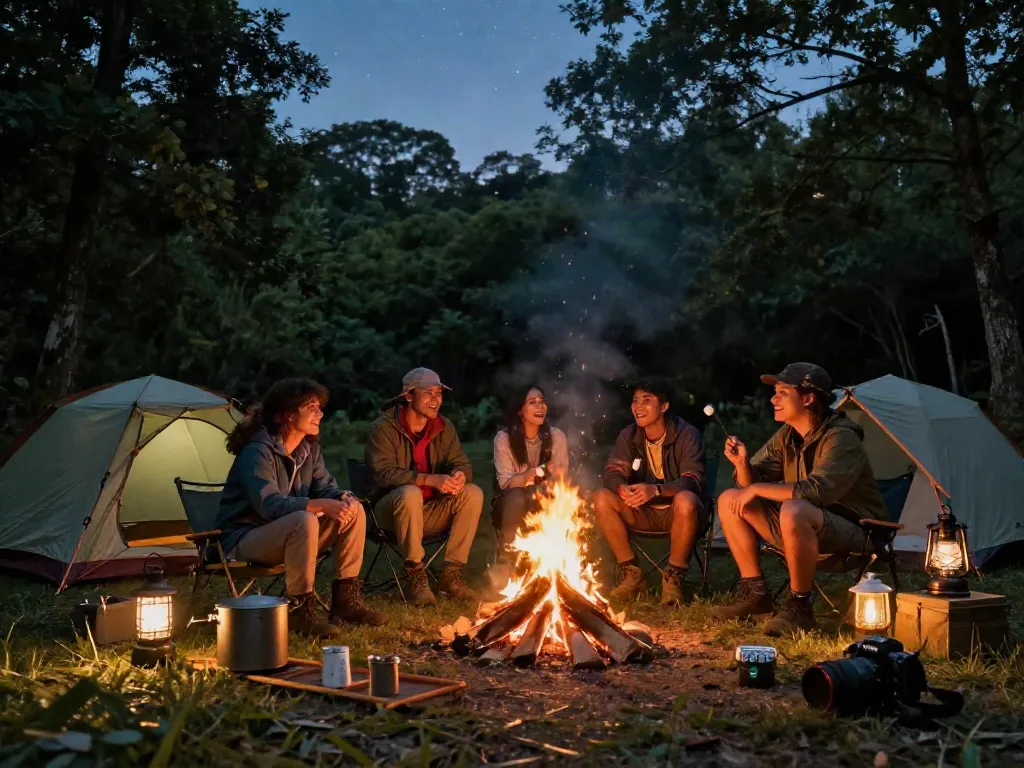 Adventurers enjoying outdoor camping with rokok88 rtp gear around a campfire.