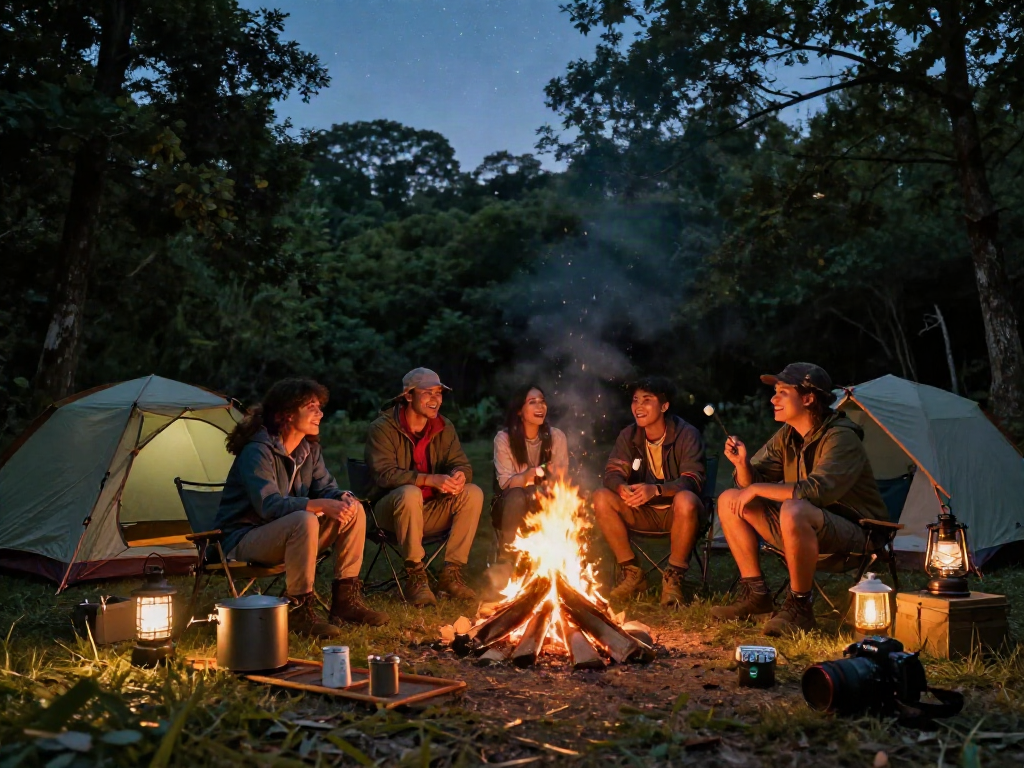 Adventurers enjoying outdoor camping with rokok88 rtp gear around a campfire.