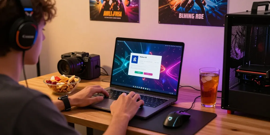Engaging scene of Winbox login H5 on a laptop at a cozy gaming setup with snacks and drinks.