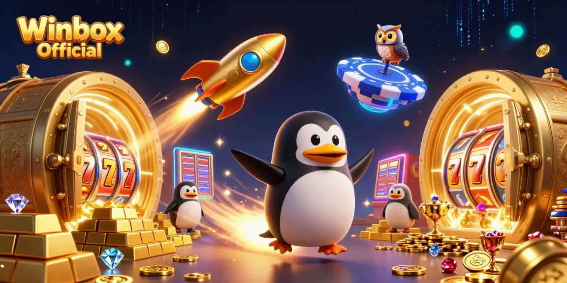 Winbox Official presents a dynamic scene of an illustrated golden penguin exploring a casino space, emphasizing vibrant gaming action.