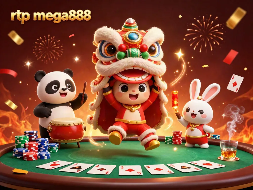 Engage with rtp mega888 through a vibrant 3D casino celebration featuring lion dance and poker elements.