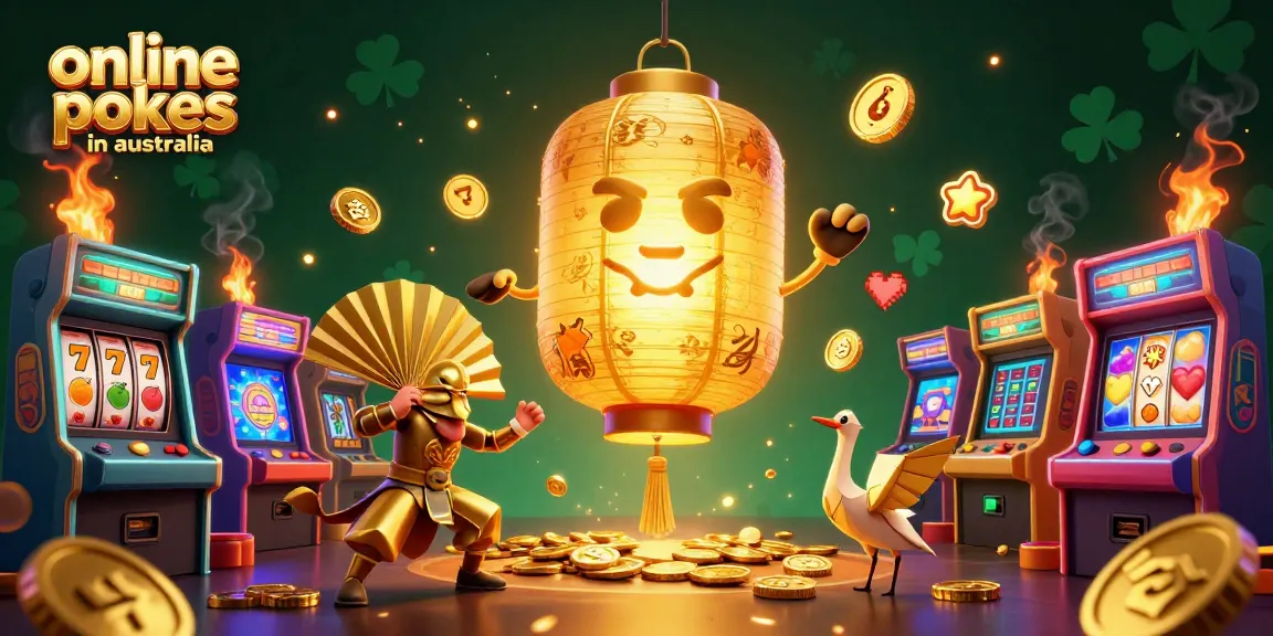 Experience online pokies in Australia with a vibrant casino scene featuring golden lanterns and game elements.