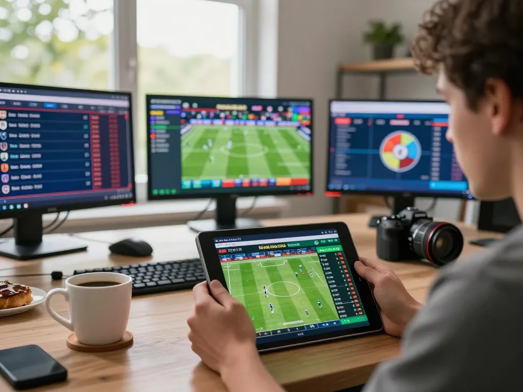 Betting on keo nha cai with live odds displayed on a tablet in a stylish home office.