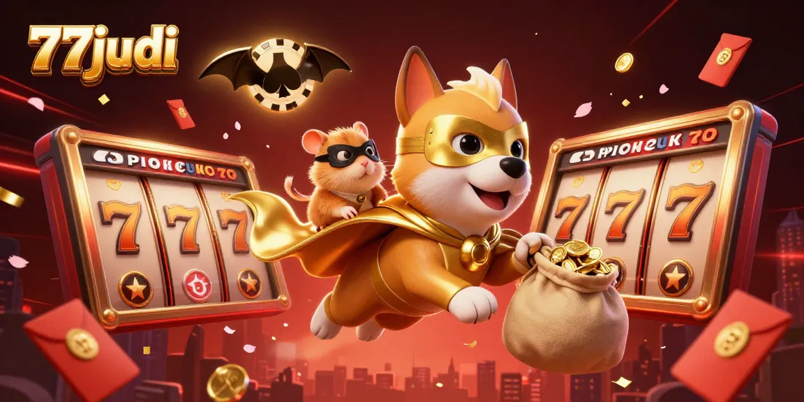 Play exciting games at 77judi with a superhero dog and vibrant casino elements.