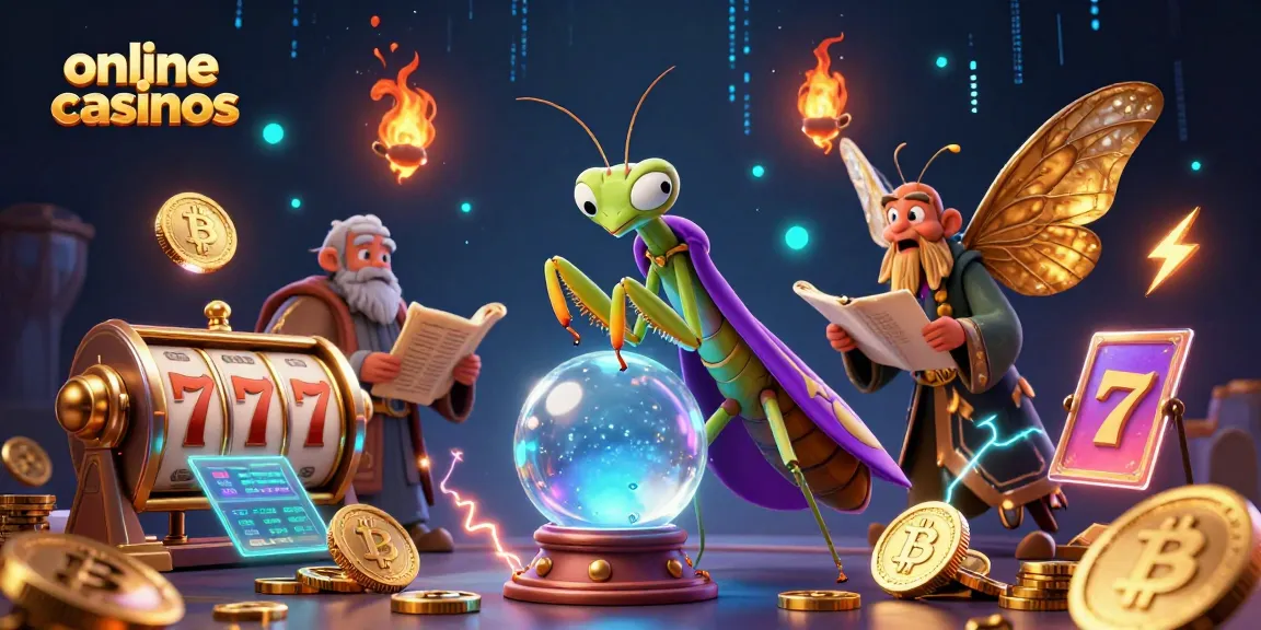 Engage with online casinos through vibrant slot reels and characters amidst glowing cryptocurrency.