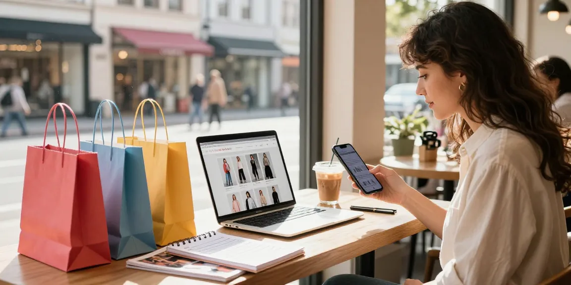 Stylish woman browsing https://www.sukan8a.com/ in a café with shopping bags and laptop.
