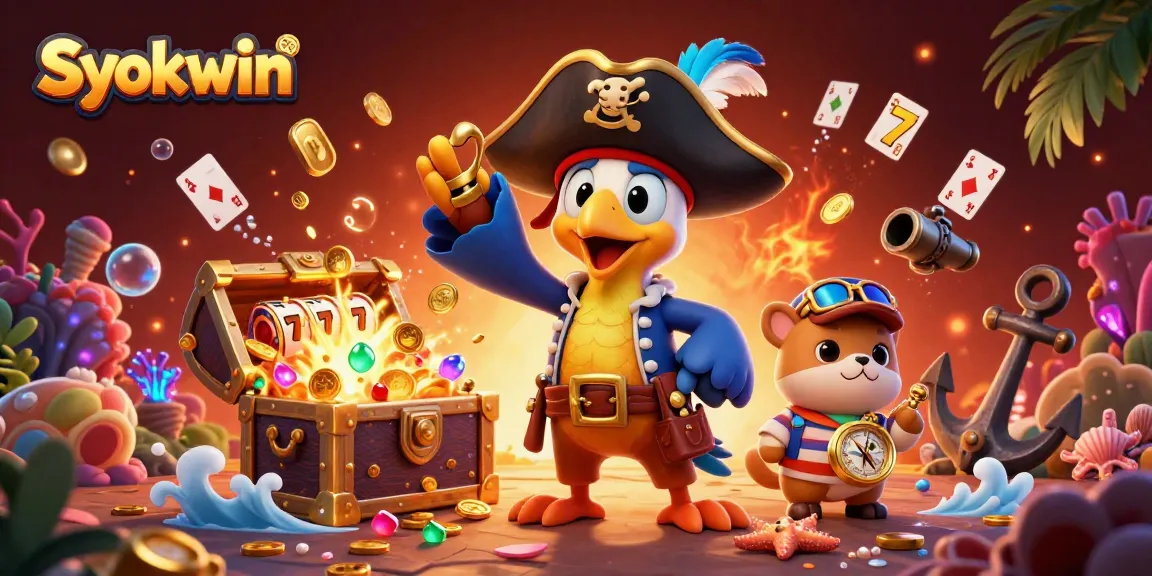 Engage in thrilling syokwin casino action with pirate cartoon characters amid treasure and games.