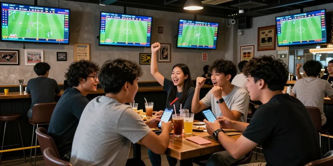 Football Betting Malaysia enthusiasts celebrating a live match in a vibrant bar atmosphere.