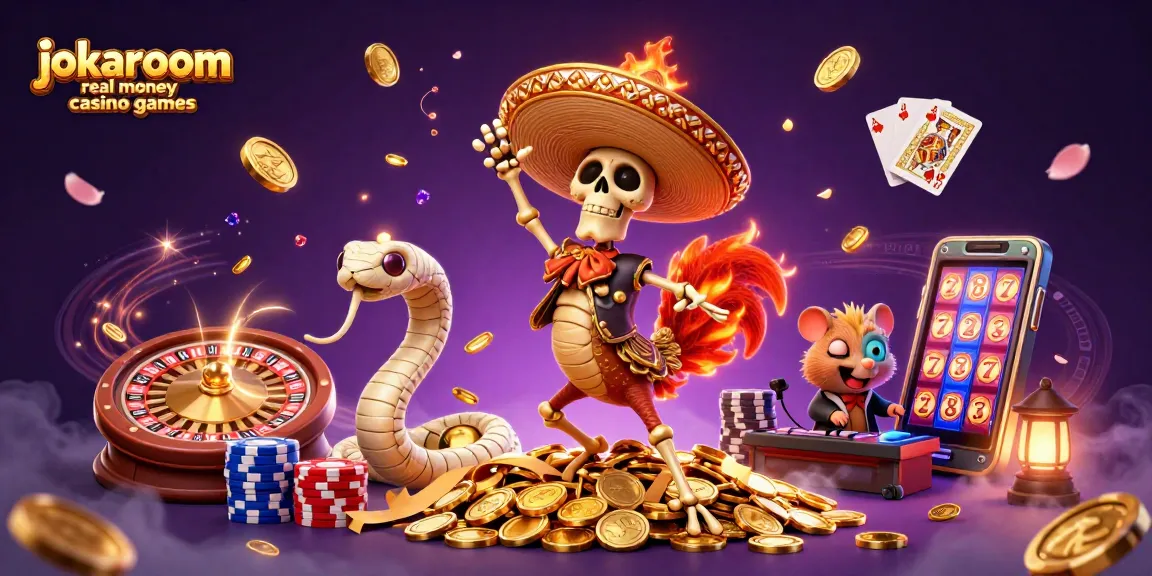 Engage in jokaroom real money casino games featuring vibrant characters, slot reels, and roulette.