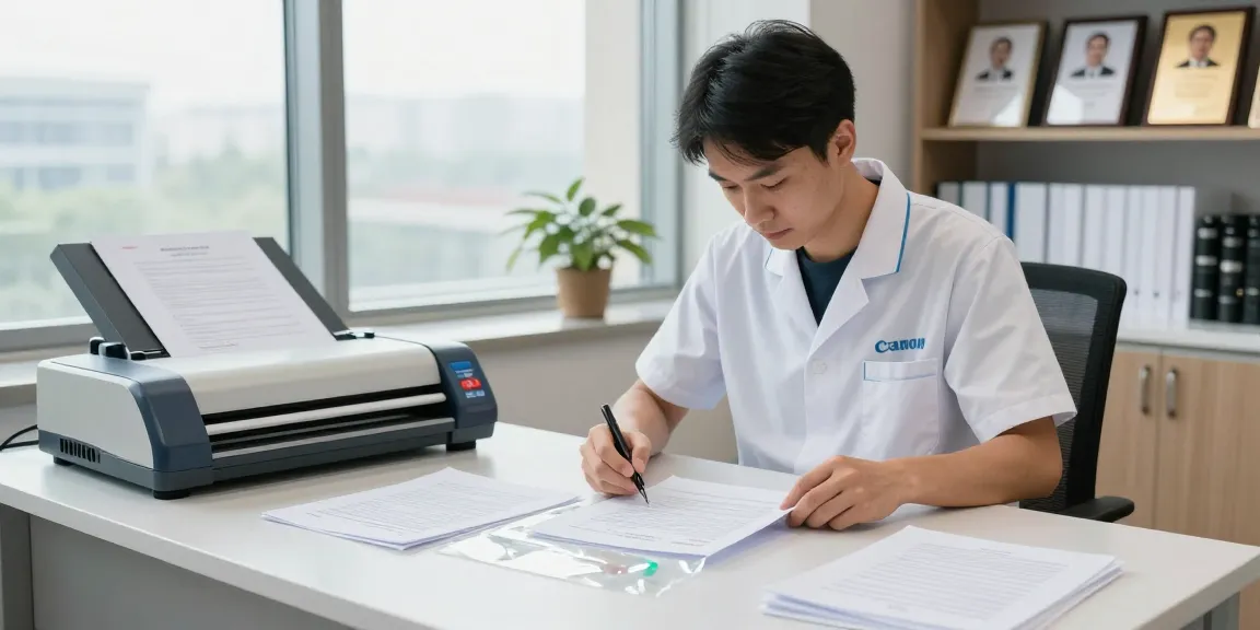 Dịch vụ bóc ép plastic được thực hiện bởi một kỹ thuật viên phục hồi tài liệu quan trọng với độ chính xác trong môi trường văn phòng chuyên nghiệp.
