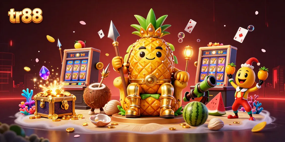Experience excitement at tr88 with a vibrant gaming scene featuring a golden pineapple king and festive game elements.