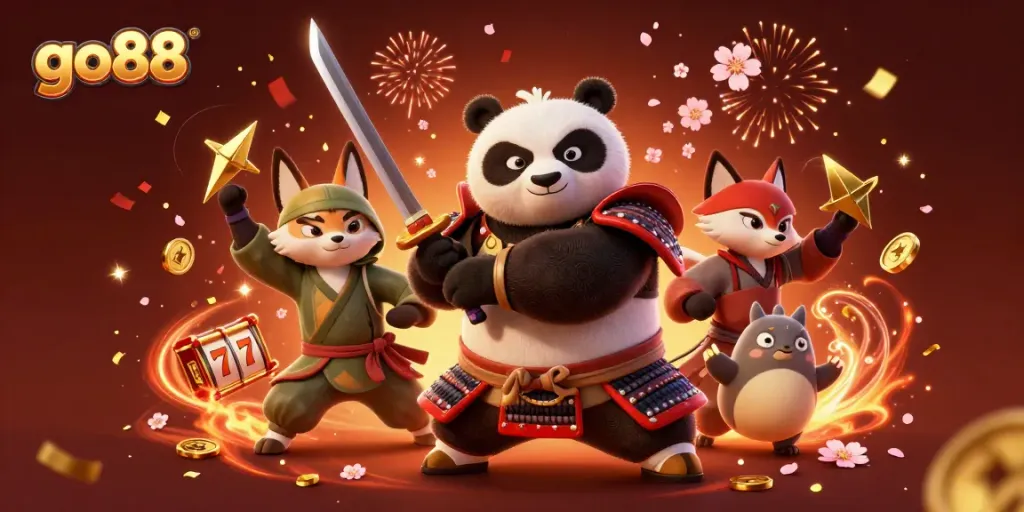 Experience thrilling wins with go88's dynamic 3D illustration featuring vibrant casino elements and engaging characters.