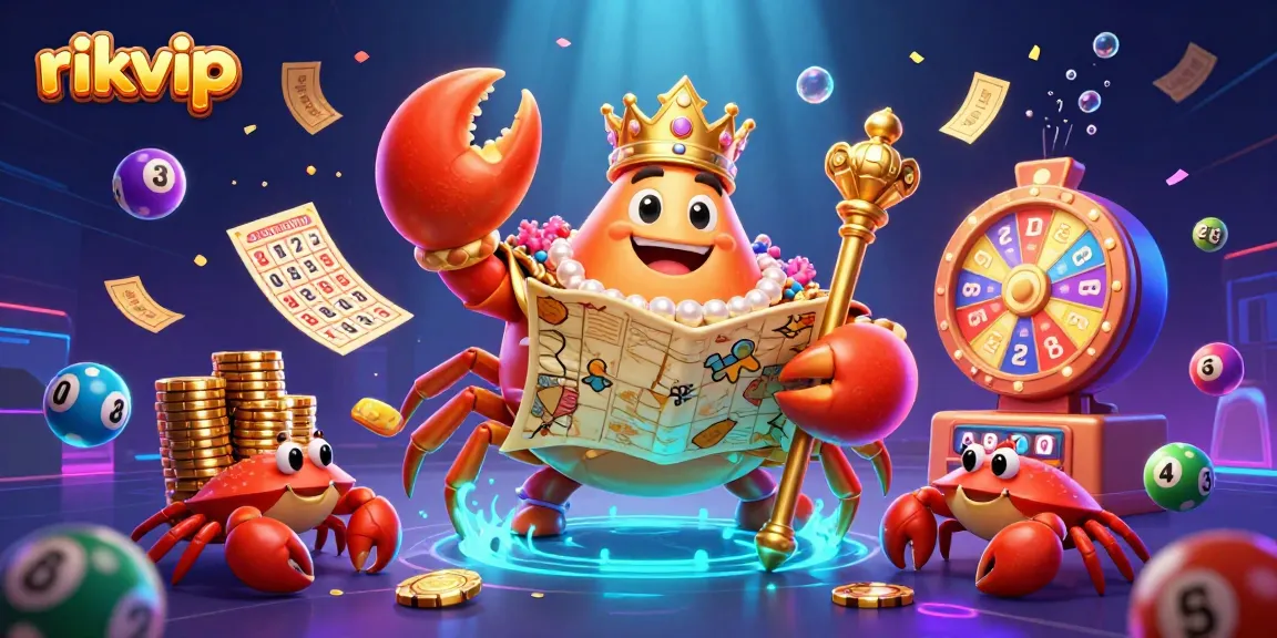 Play exciting games at rikvip featuring a golden crab emperor and lottery elements in a vibrant atmosphere.