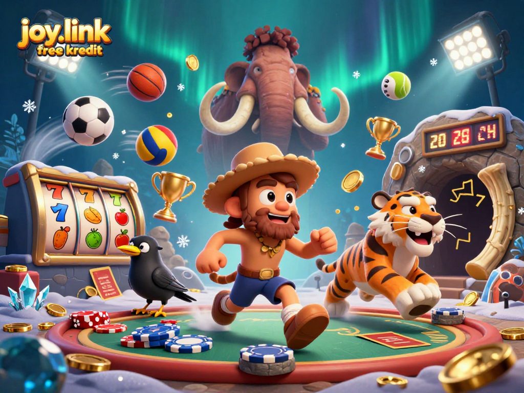 Win big with joy.link free kredit in this vibrant 3D casino scene featuring thrilling gaming elements.