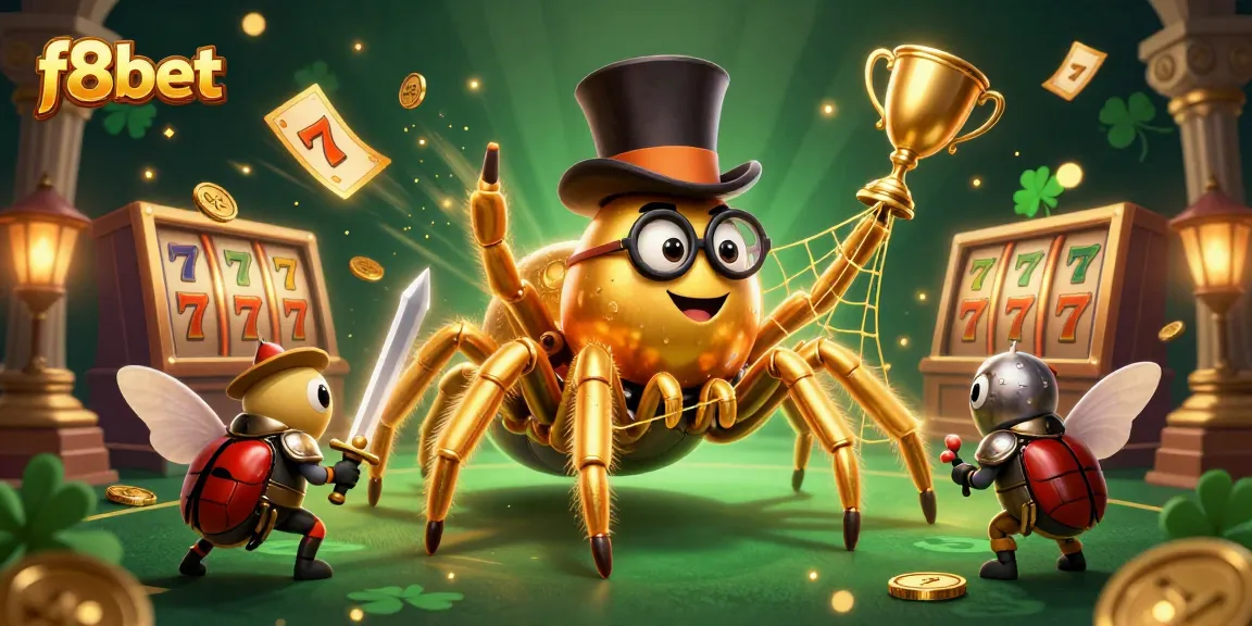 Experience thrilling games at f8bet with a dynamic scene featuring a golden tarantula and gambling elements.